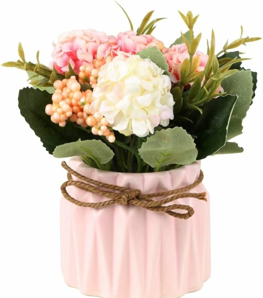 SUPNIU Pink Artificial Hydrangea Bouquet in Ceramic Vase - Silk Fake Flower Arrangement for Wedding, Home, Office & Table Decor