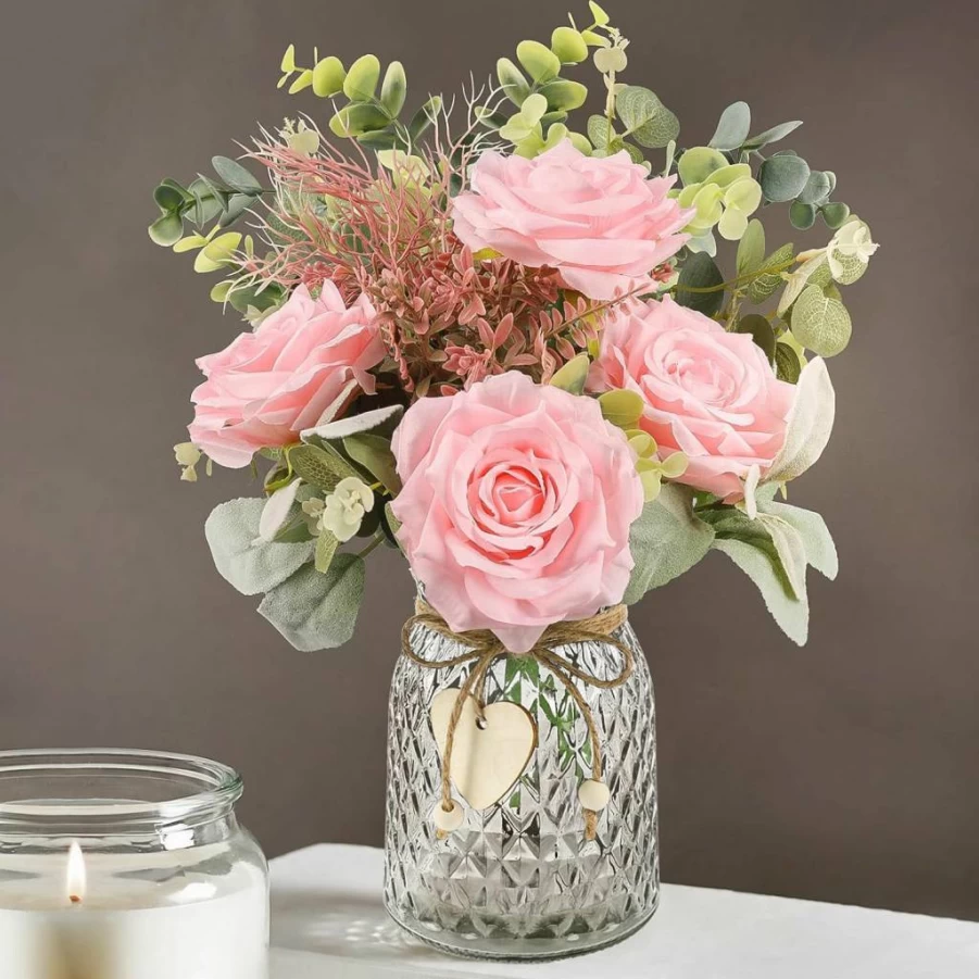 HOHOTIME White Silk Rose Artificial Flowers Arrangement with Vase - Fake Eucalyptus Floral Centerpiece for Farmhouse, Office, Dining Table Decor