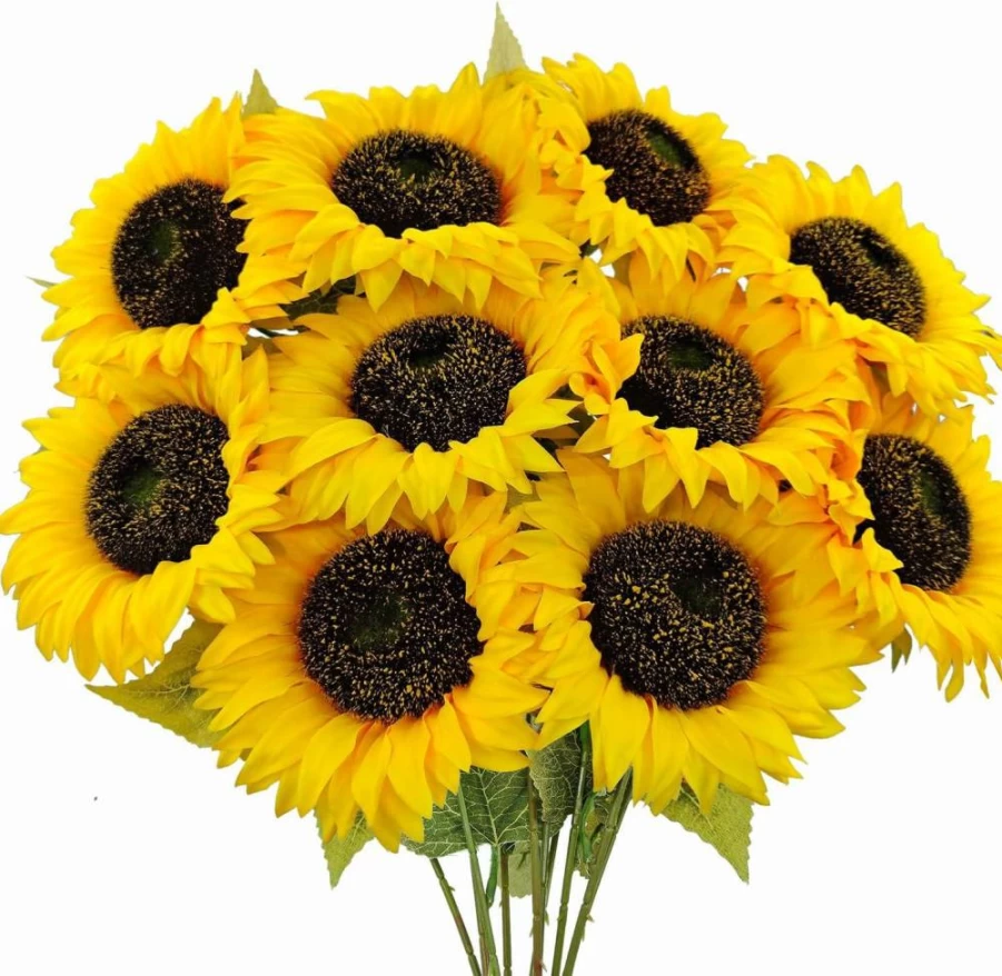 Mutcolor 10 Pcs Artificial Sunflowers Bouquet - Long Stem Silk Fake Sunflowers for Home Decor, Wedding, Party, Garden, Indoor Outdoor Vase Arrangement (Yellow)