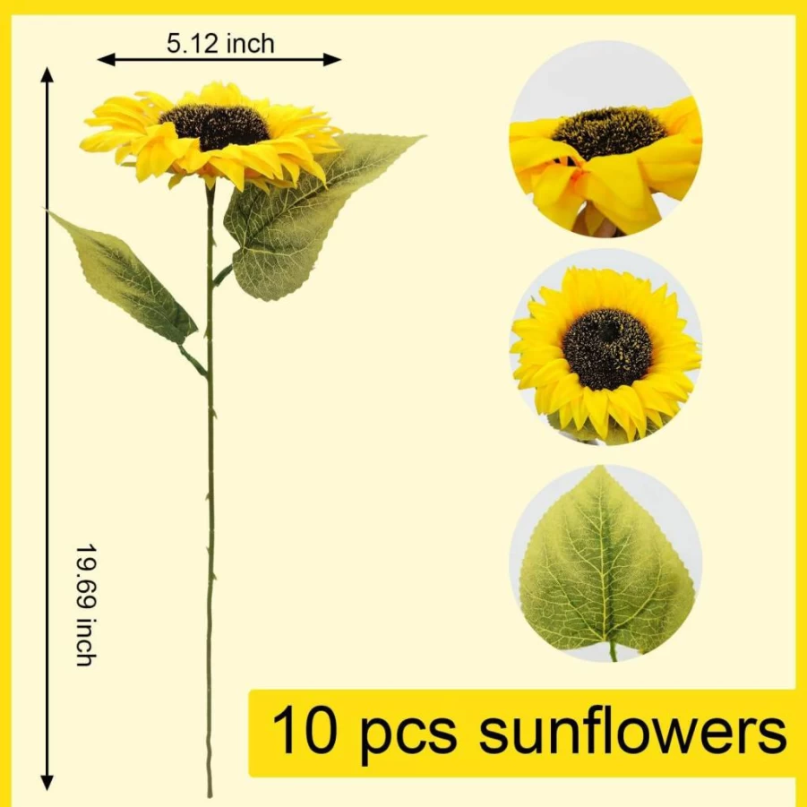 Mutcolor 10 Pcs Artificial Sunflowers Bouquet - Long Stem Silk Fake Sunflowers for Home Decor, Wedding, Party, Garden, Indoor Outdoor Vase Arrangement (Yellow)