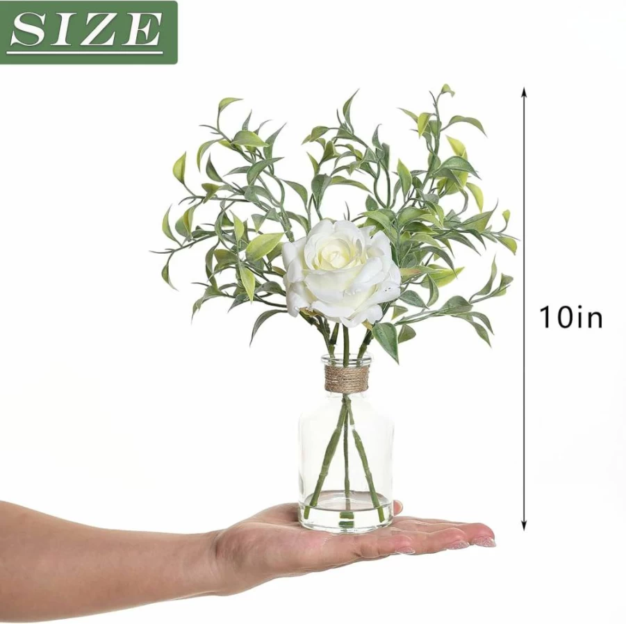 FOTEEWL 3 Pack Mini Fake Plants with Artificial Roses & Eucalyptus in Glass Vase, Faux Water Centerpiece for Table Decor, Home, Office, Kitchen (White)