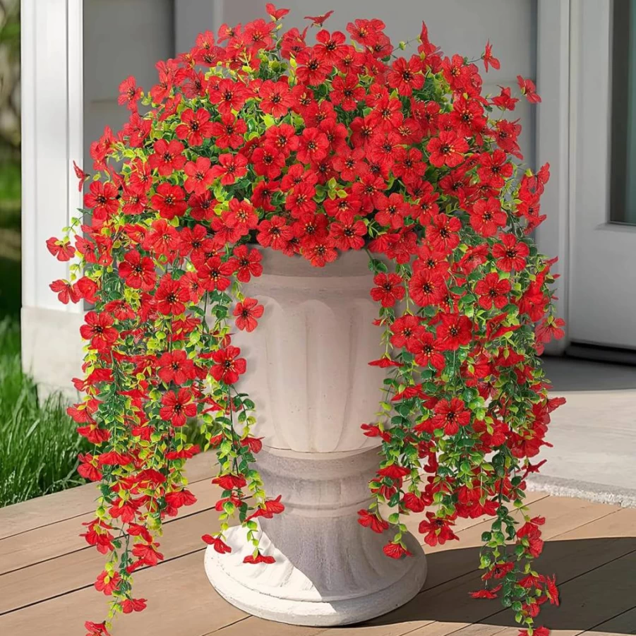 Hrobek Artificial Hanging Plants - 2 Pack UV Resistant Faux Mums Silk Flowers for Outdoor Porch, Patio, Balcony, and Yard Decor - Realistic Spring Home Decoration