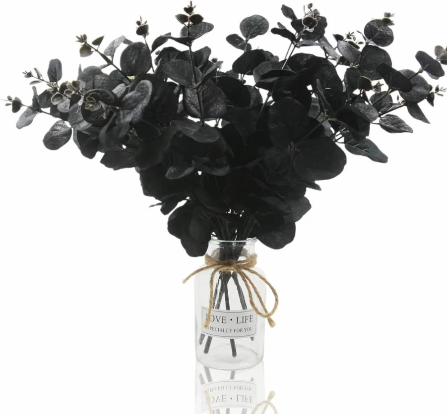 Hananona 6 Pcs Artificial Black Eucalyptus Stems, 14 Inch Fake Eucalyptus Leaves for Floral Arrangements, DIY Home Decor, Halloween, Farmhouse, Wedding Centerpieces (Black)