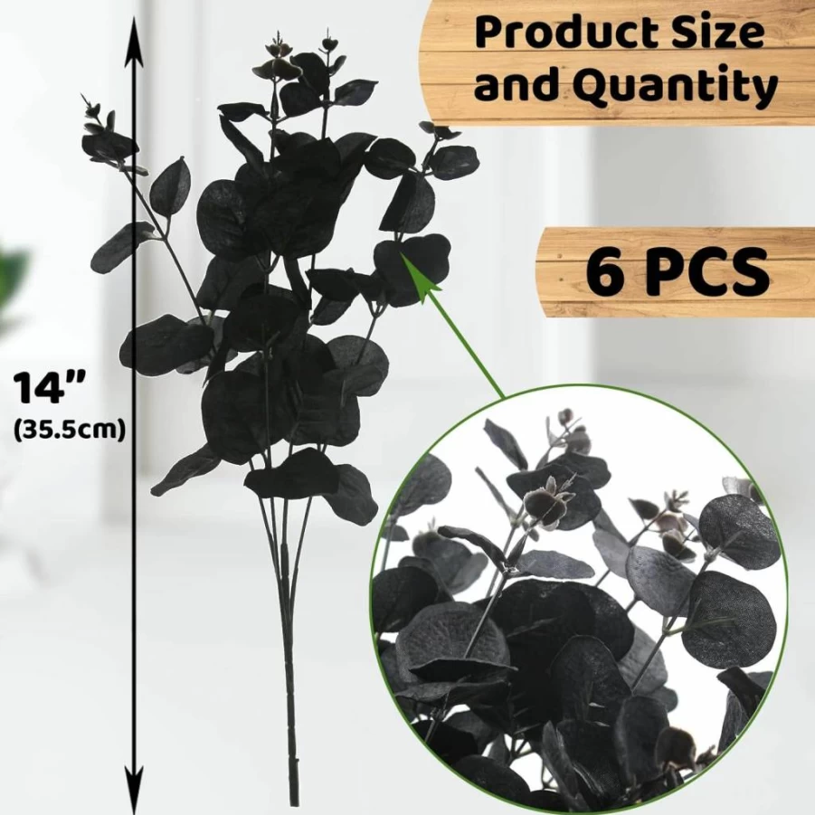 Hananona 6 Pcs Artificial Black Eucalyptus Stems, 14 Inch Fake Eucalyptus Leaves for Floral Arrangements, DIY Home Decor, Halloween, Farmhouse, Wedding Centerpieces (Black)