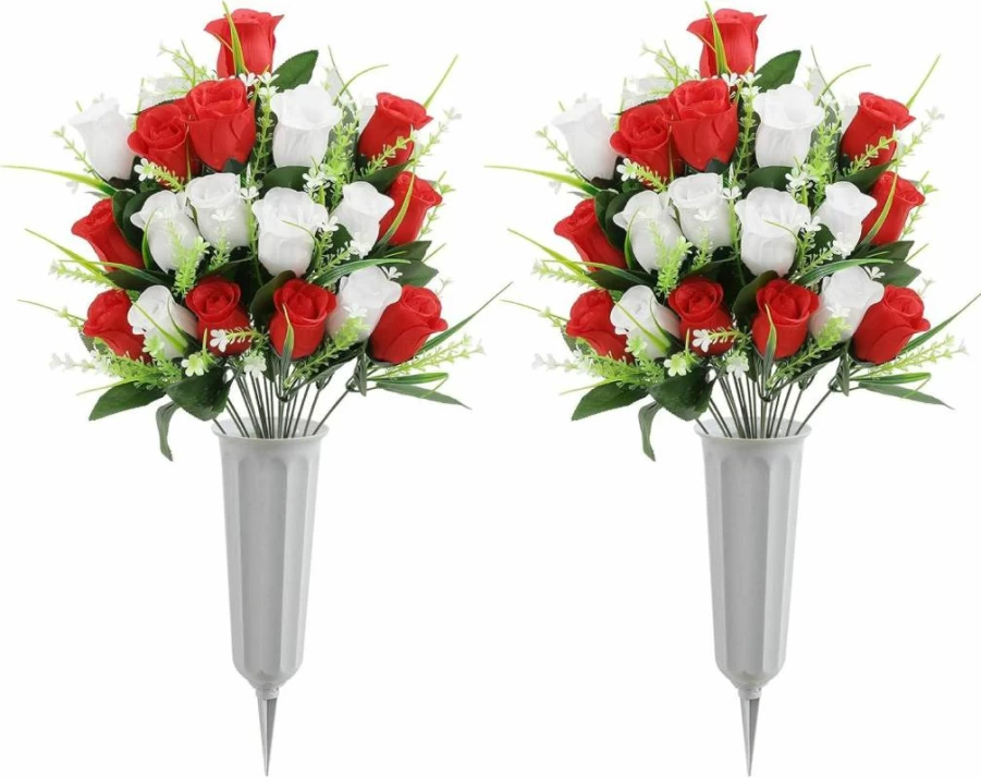 U'Artlines 2Pcs Artificial Silk Red Roses for Cemetery Grave Decorations - Memorial Flowers for Outdoor Graves (Vase Not Included)