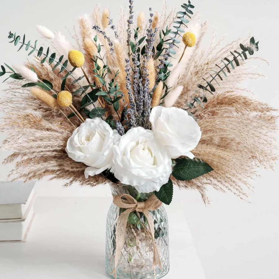 RoseTalk Artificial Flower Arrangement in Vase - Pampas Grass Floral Centerpiece for Table Decor, Thanksgiving & Christmas Coffee Table Decoration, Faux Flowers Home Decor, Centro De Mesa