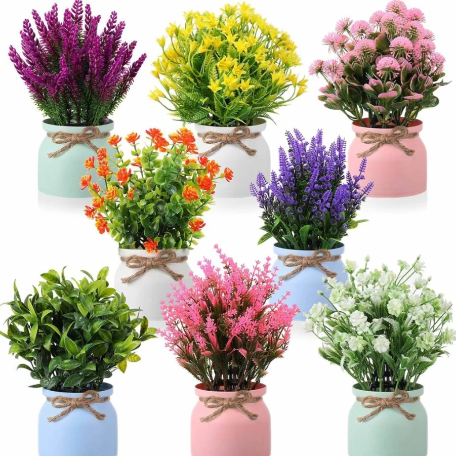 Cindeer 8-Piece Artificial Potted Plants Set - Fake Small Indoor Outdoor Faux Flowers in Pots for Home, Office, Desk, Table, Wedding, Kitchen Decor