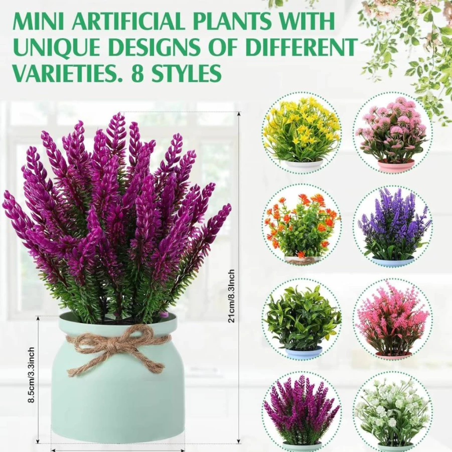Cindeer 8-Piece Artificial Potted Plants Set - Fake Small Indoor Outdoor Faux Flowers in Pots for Home, Office, Desk, Table, Wedding, Kitchen Decor