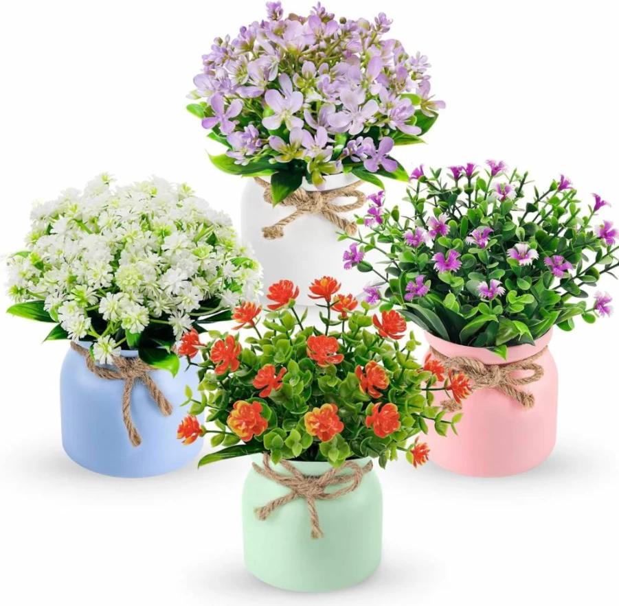 Der Rose 4 Pack Artificial Flowers Small Faux Plants for Indoor Home Decor, Spring Summer Centerpiece, Wedding, Office Desk Table Decorations