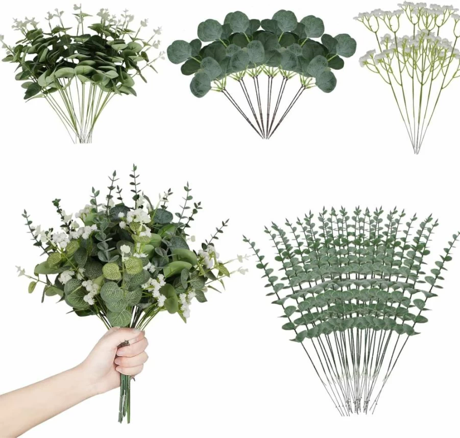 Coreland 120 Pcs Artificial Eucalyptus Leaves Stems - Mixed Silver Dollar, Faux Greenery for DIY Bouquets, Wedding Decor, Floral Arrangements, Home Decoration