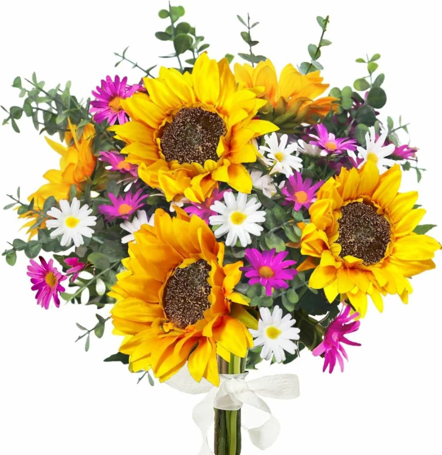 10Pcs Aoztio Artificial Sunflowers with Long Stems, Silk Fake Sunflowers for Home Decor, Wedding, Baby Shower, Fall and Cemetery Decorations