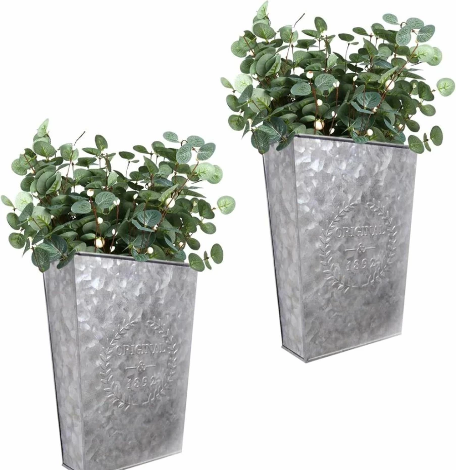 LESEN Set of 2 Rustic Metal Wall Planters - Indoor/Outdoor Hanging Wall Vases for Flowers, Farmhouse Home Decor, Country Style Wall Pocket Plant Holders