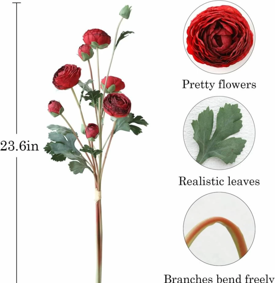 LILUYTO 6Pcs Artificial Silk Ranunculus Flowers - 23.6" Tall White Faux Flowers for Wedding Bouquets, Home Decor, Office, Year-Round Decoration