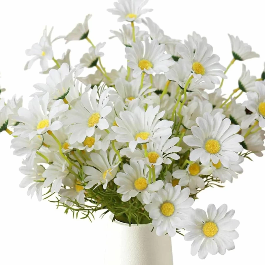 GemJelry 20" UV Resistant Artificial Daisy Flowers - 8 Bundles White Fake Wildflowers with Stems for Outdoor Garden, Home Decor, and Vase Arrangements