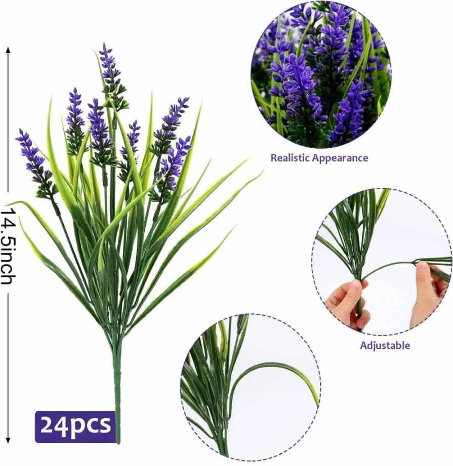 Geegoods 24 Pack Artificial Lavender Flowers Outdoor UV Resistant Faux Plants for Garden Porch Window Box Hanging Planter Home Decor