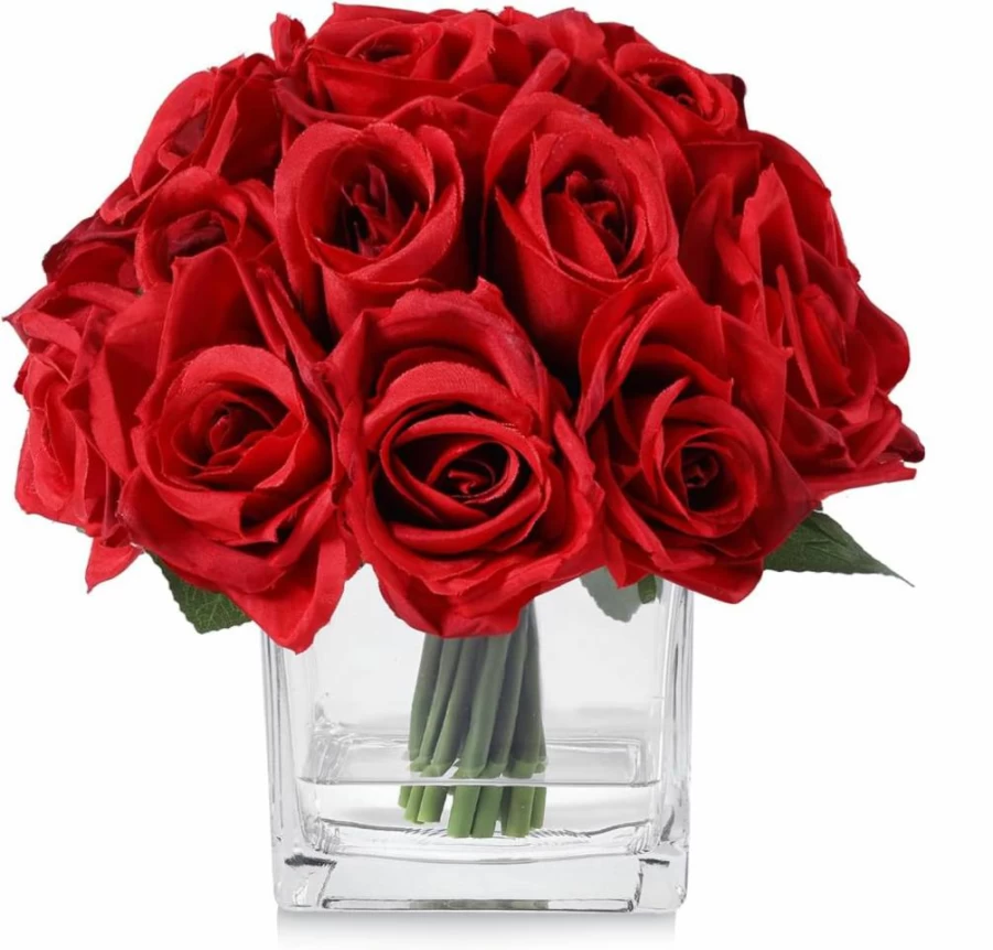 JOJOWOO 18 Heads Pink Silk Rose Artificial Flowers in Vase with Fake Water, Realistic Floral Arrangement for Home Wedding Decor