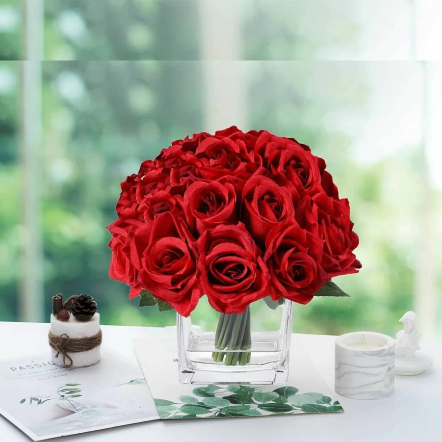 JOJOWOO 18 Heads Pink Silk Rose Artificial Flowers in Vase with Fake Water, Realistic Floral Arrangement for Home Wedding Decor