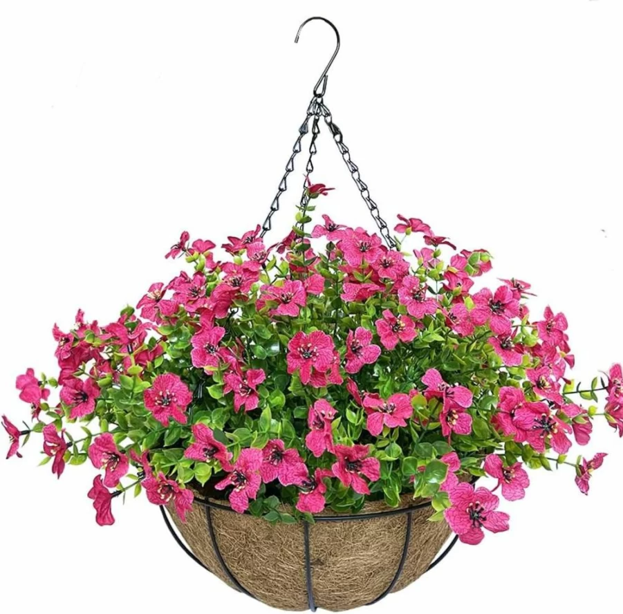 Lesrant 12 Inch Artificial Flower Hanging Basket with Coconut Lining for Outdoor Indoor Decor - Patio, Garden, Porch, Deck Decoration