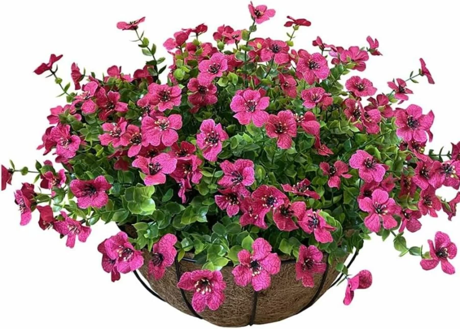 Lesrant 12 Inch Artificial Flower Hanging Basket with Coconut Lining for Outdoor Indoor Decor - Patio, Garden, Porch, Deck Decoration