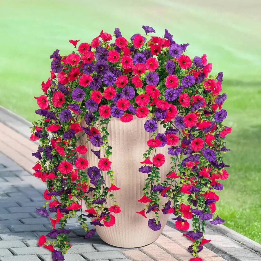 Hrobek 2PCS Artificial Hanging Flowers Outdoor, UV Resistant Fake Morning Glory Vine with Realistic Eucalyptus Leaves for Patio Porch Garden Decor, Purple Faux Greenery Indoor Outside Spring Hanging Plants