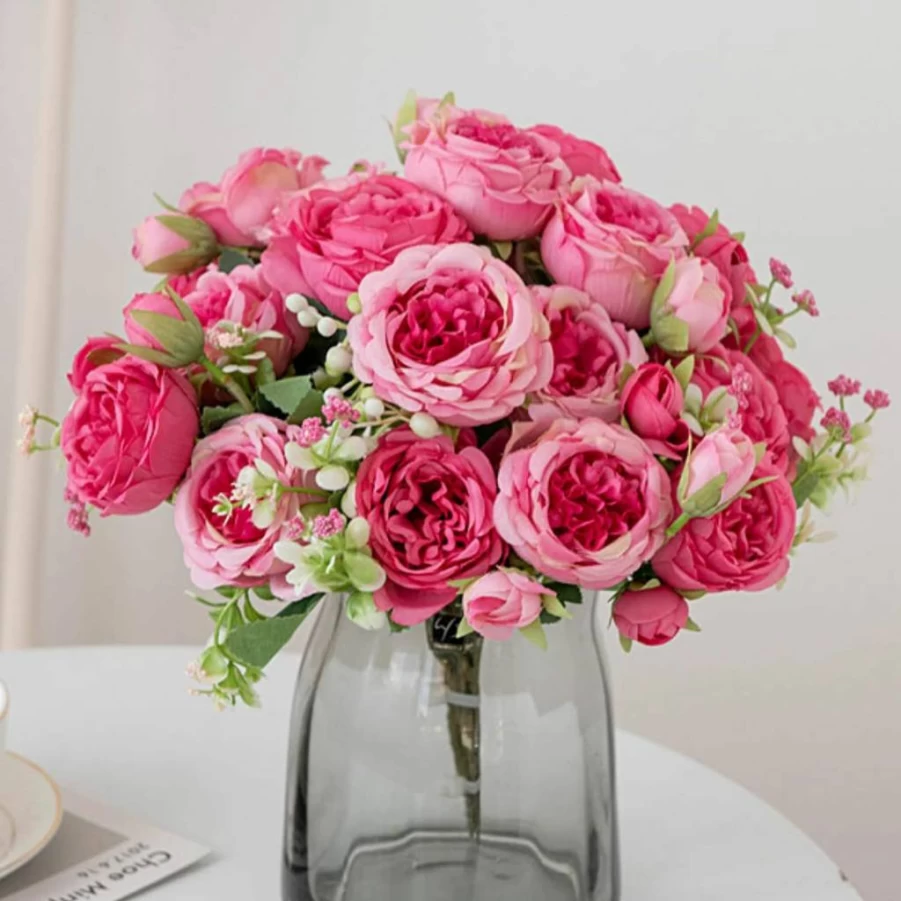 ASTRYAS Artificial Peonies Bouquet - 3Pcs Silk Fake Peony Flowers in Hot Pink for Wedding, Party, Home Decor, Table Centerpieces, Cake Decorations