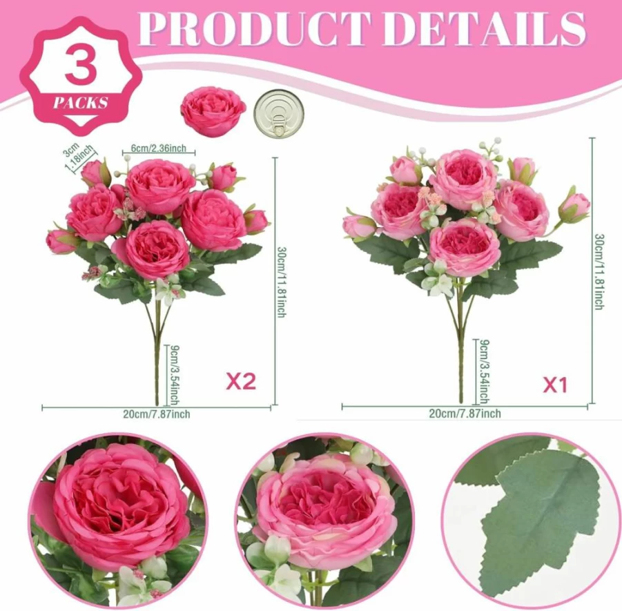 ASTRYAS Artificial Peonies Bouquet - 3Pcs Silk Fake Peony Flowers in Hot Pink for Wedding, Party, Home Decor, Table Centerpieces, Cake Decorations