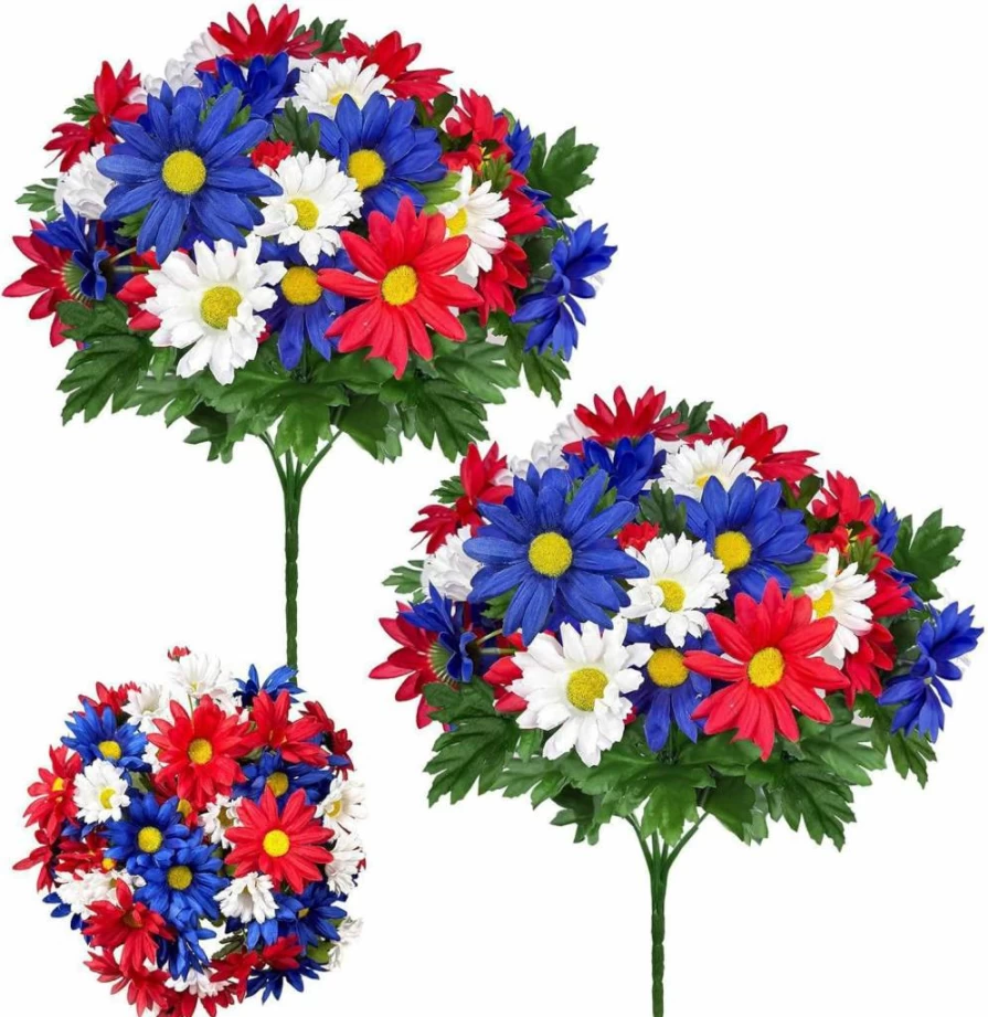 TURNMEON Patriotic Memorial Daisy Bouquet - 44 Heads Red White Blue Artificial Flowers for 4th of July, Veterans Day, Independence Day Decor, Home & Grave Decorations