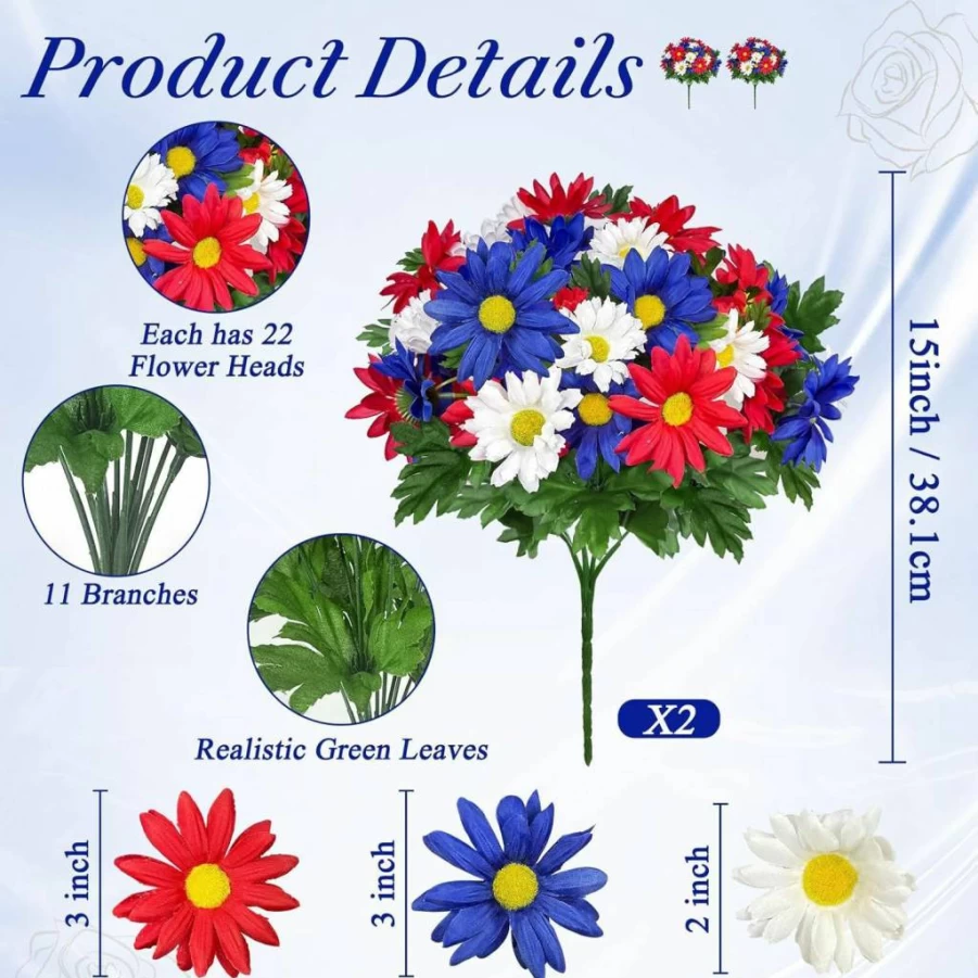 TURNMEON Patriotic Memorial Daisy Bouquet - 44 Heads Red White Blue Artificial Flowers for 4th of July, Veterans Day, Independence Day Decor, Home & Grave Decorations
