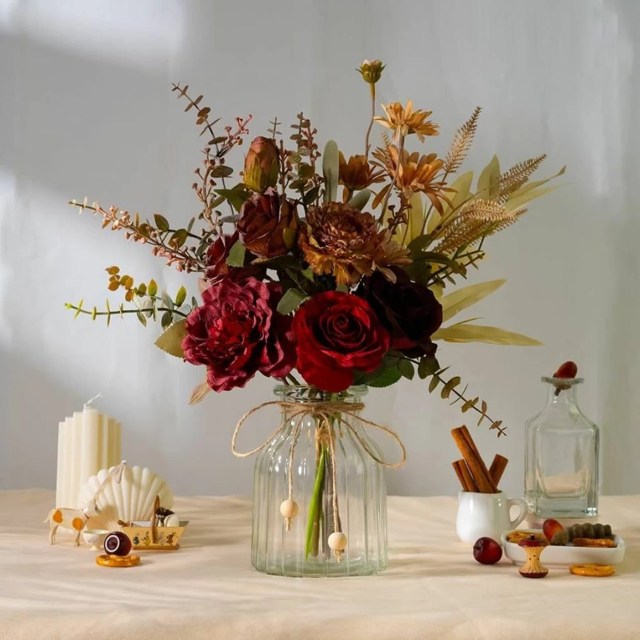 LESING Blue Dahlia Silk Flower Arrangement in Glass Vase - Artificial Floral Centerpiece for Home Office Table Decor