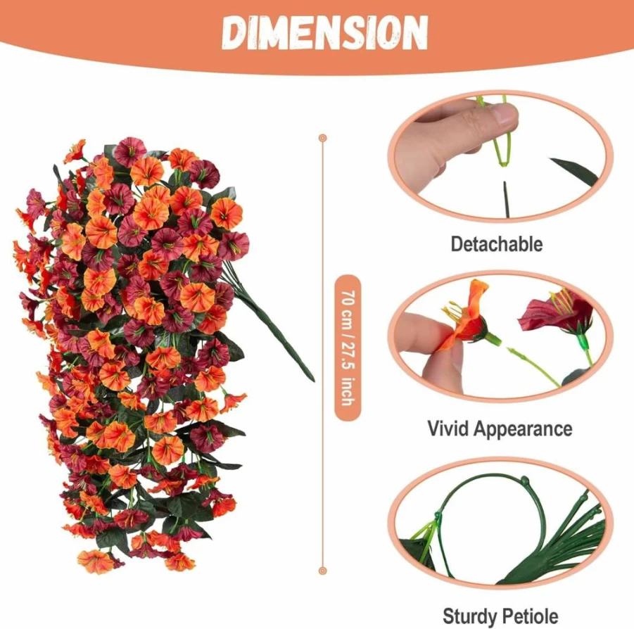 INXUGAO 2Pcs Artificial Morning Glory Vines - UV Resistant Faux Silk Hanging Flowers for Outdoor Porch, Patio, Spring Summer Decor (Violet Red Purple)