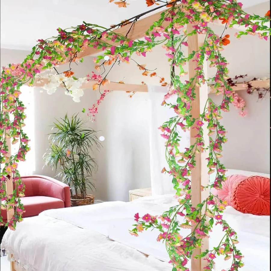 CISDUEO Pink Daisy Flower Garland Artificial Silk Vine for Wedding Arch, Party Decor, Indoor Outdoor Hanging Floral Arrangement with Green Leaves
