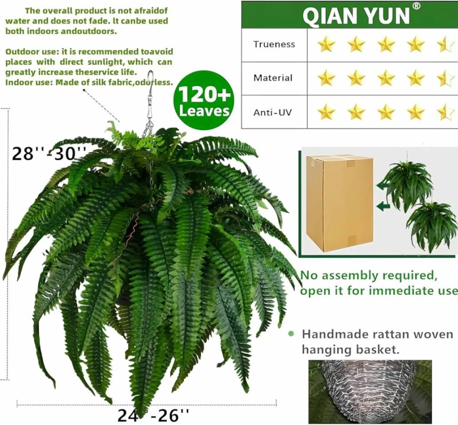 QIANYUN 2-Pack UV Resistant Artificial Hanging Fern Plants - Fake Outdoor Greenery for Porch, Garden, Living Room Decor with Included Planters
