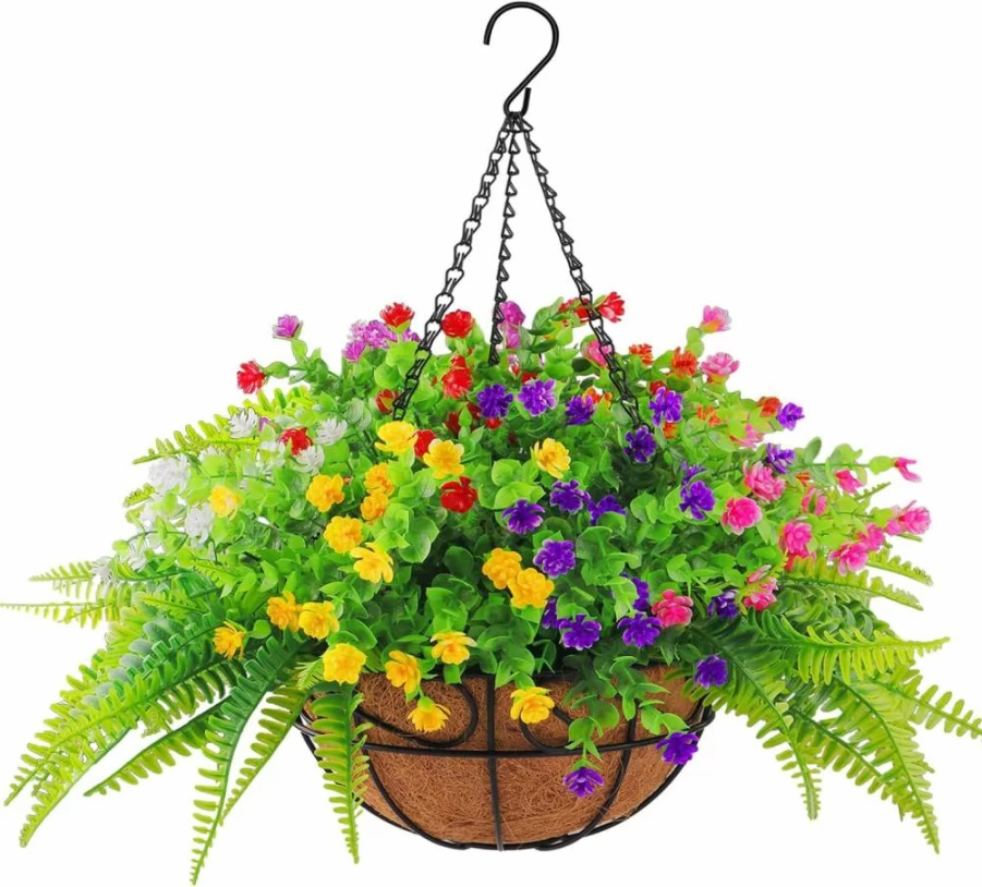 Elecxlink UV Resistant Artificial Hanging Plants - Fake Rose Eucalyptus & Boston Ferns for Indoor Outdoor Garden, Porch, Patio, Balcony Decor