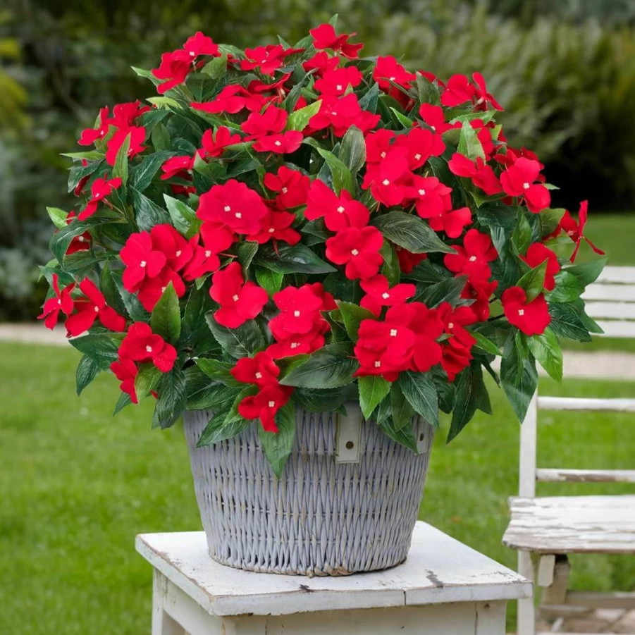 Besteek 5 Pcs Red Silk Impatiens Artificial Flowers UV Resistant for Outdoor Garden Porch Patio Balcony Decor Fake Plants Home Decorations Spring Summer