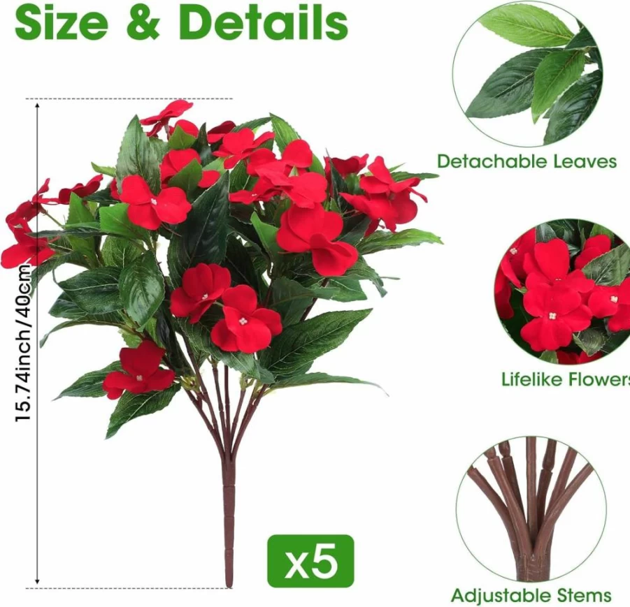Besteek 5 Pcs Red Silk Impatiens Artificial Flowers UV Resistant for Outdoor Garden Porch Patio Balcony Decor Fake Plants Home Decorations Spring Summer