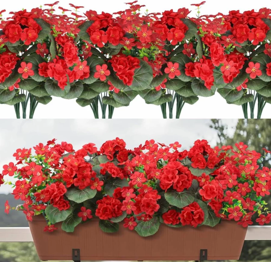 Besteek 12 Bundles Artificial Red Geranium Flowers UV Resistant Fake Silk Plants for Outdoor Garden Porch Window Decor Spring Summer Home Decoration