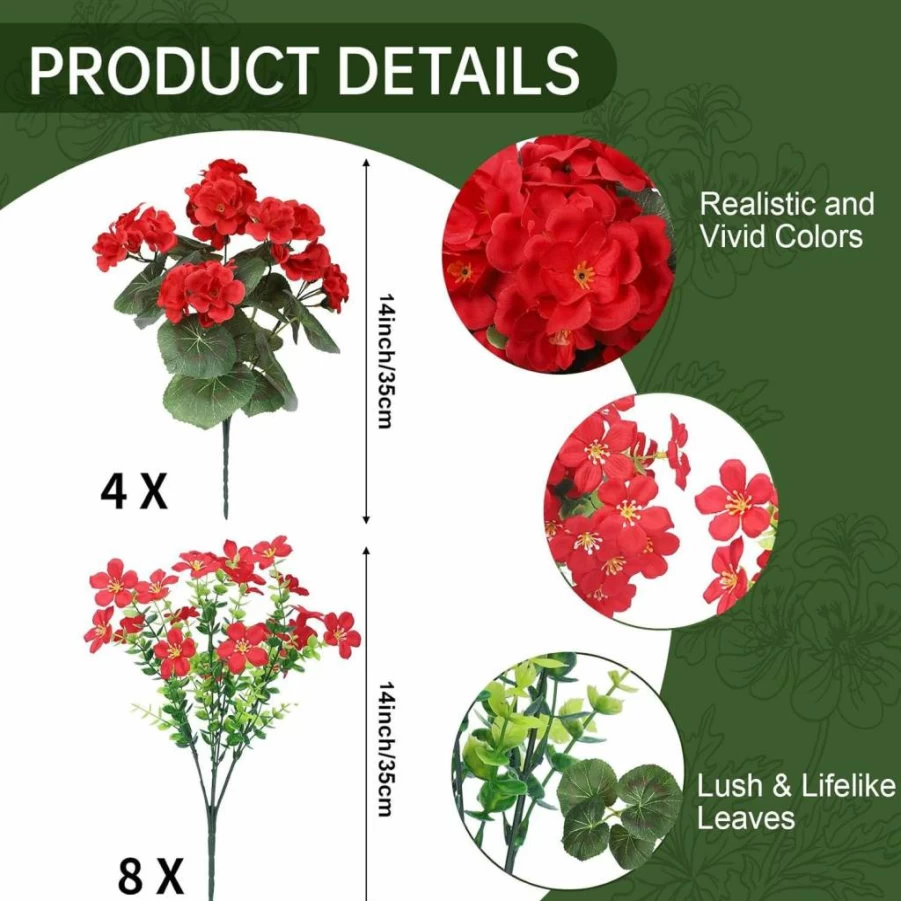 Besteek 12 Bundles Artificial Red Geranium Flowers UV Resistant Fake Silk Plants for Outdoor Garden Porch Window Decor Spring Summer Home Decoration