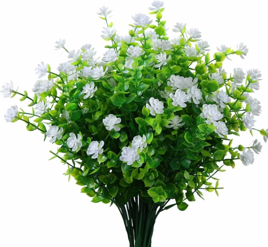 XLFAQXM 8 Pack UV Resistant Artificial Plants for Outdoor & Indoor Use - Faux Plastic Flowers, Grass, Shrubs for Garden, Patio, Wedding, Farmhouse Decor (No Fade Greenery)