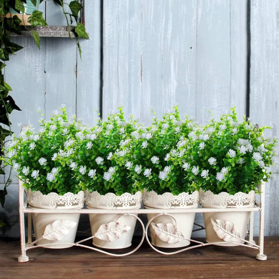 XLFAQXM 8 Pack UV Resistant Artificial Plants for Outdoor & Indoor Use - Faux Plastic Flowers, Grass, Shrubs for Garden, Patio, Wedding, Farmhouse Decor (No Fade Greenery)