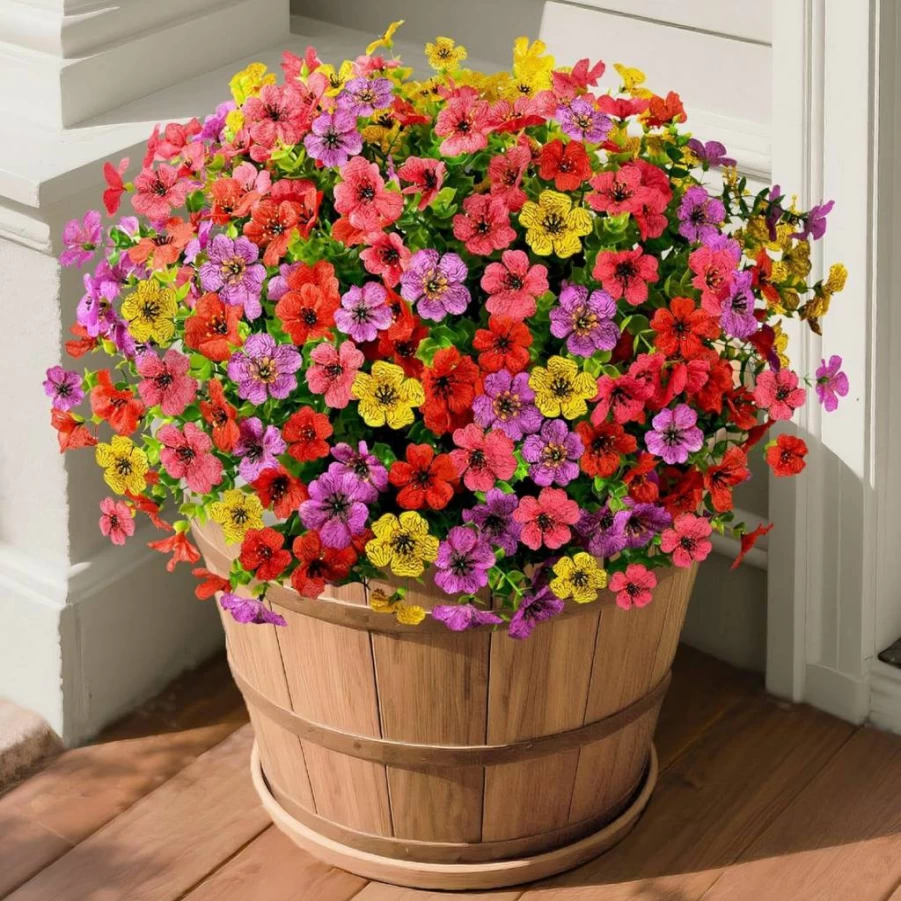 Homsunny UV Resistant Artificial Daisy Eucalyptus Flowers - 12 Bundles Fake Plants for Outdoor Planter Pots, Porch, Garden, and Patio Decor