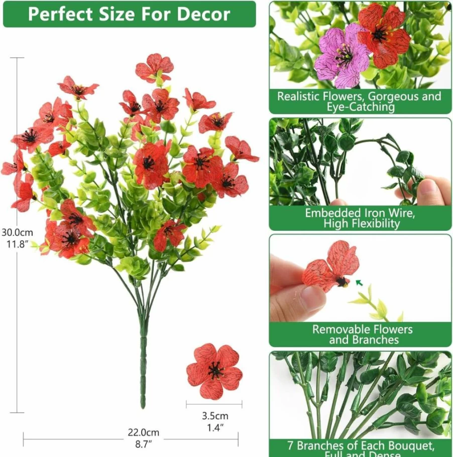 Homsunny UV Resistant Artificial Daisy Eucalyptus Flowers - 12 Bundles Fake Plants for Outdoor Planter Pots, Porch, Garden, and Patio Decor