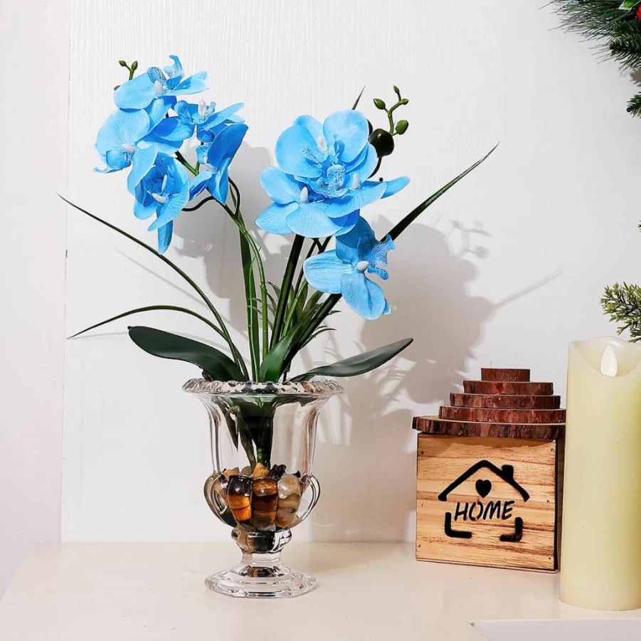 Jusdreen 14.5 Inch White Phalaenopsis Orchid Bonsai in Glass Vase - Elegant Artificial Flower Centerpiece for Home, Office, Table Decor