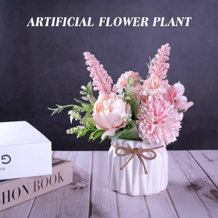 Meyerascal Artificial Hydrangea Flowers in Pink - Small Ceramic Vase Faux Plant for Home, Office Desk, Bookshelf, Bedroom, Living Room, Party Decor