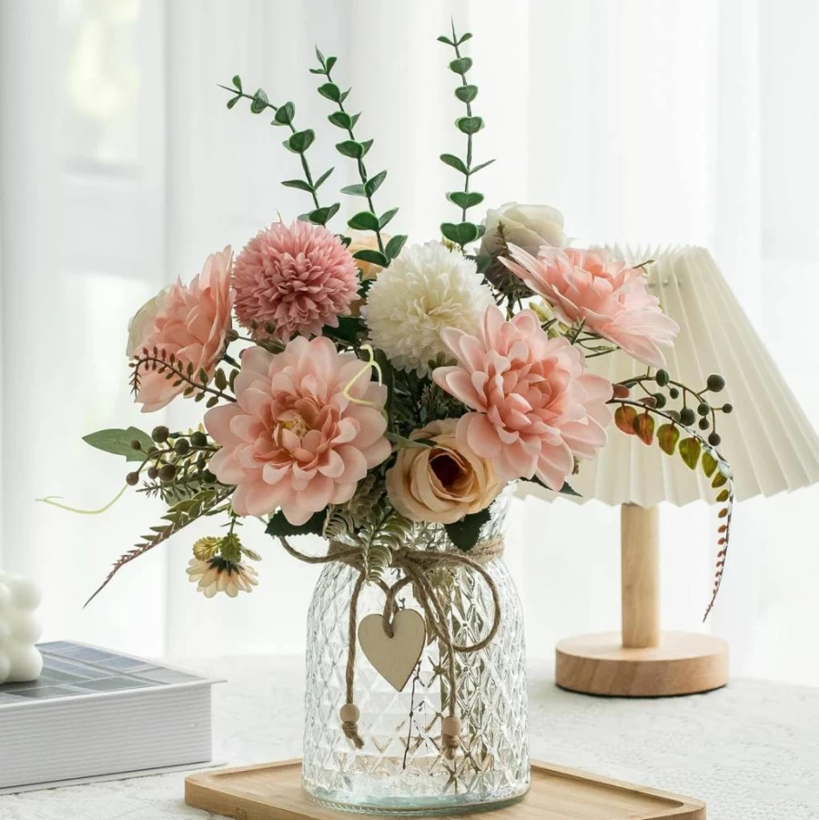 Aubcee Silk Pink Dahlia Artificial Flowers in Vase - Elegant Faux Floral Centerpiece for Coffee Table, Living Room, Bathroom, and Home Decor