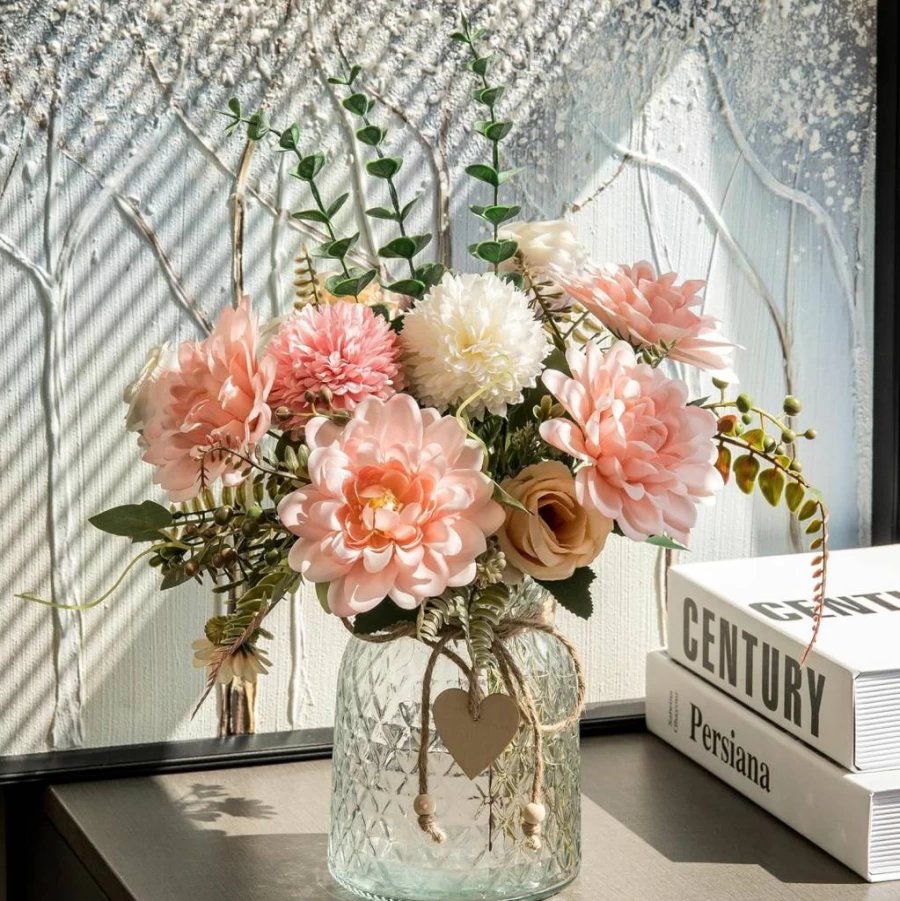 Aubcee Silk Pink Dahlia Artificial Flowers in Vase - Elegant Faux Floral Centerpiece for Coffee Table, Living Room, Bathroom, and Home Decor