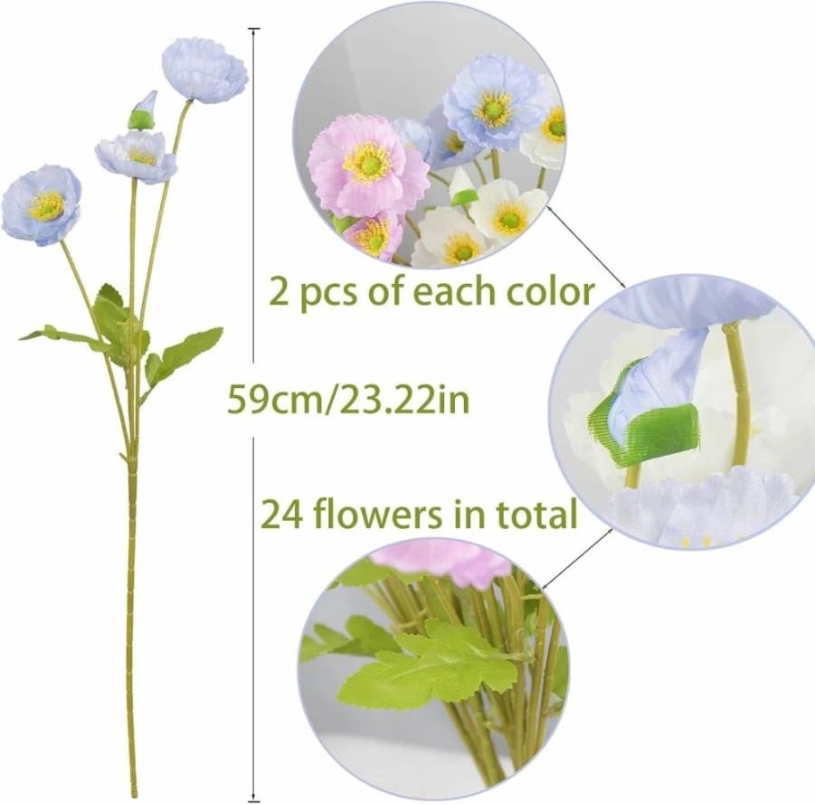 CISDUEO 6-Pack Real Touch Artificial Poppy Flowers with Stems, Faux Silk Poppy Floral Arrangement for Wedding, Home, Kitchen, and Table Centerpiece Decor