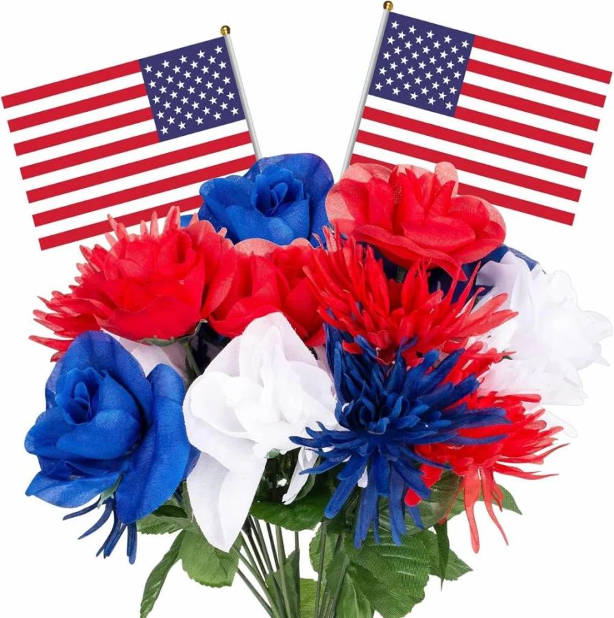 ZAUGONTW Patriotic Memorial Day Bouquet - 12 Stems Artificial Chrysanthemum Flowers with American Flags, Red White Blue Veterans Day Decor, Fake Blooming Roses for Thank You Gifts