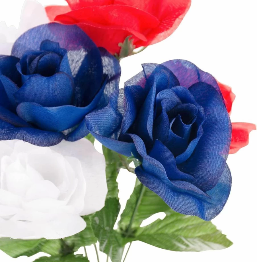 ZAUGONTW Patriotic Memorial Day Bouquet - 12 Stems Artificial Chrysanthemum Flowers with American Flags, Red White Blue Veterans Day Decor, Fake Blooming Roses for Thank You Gifts