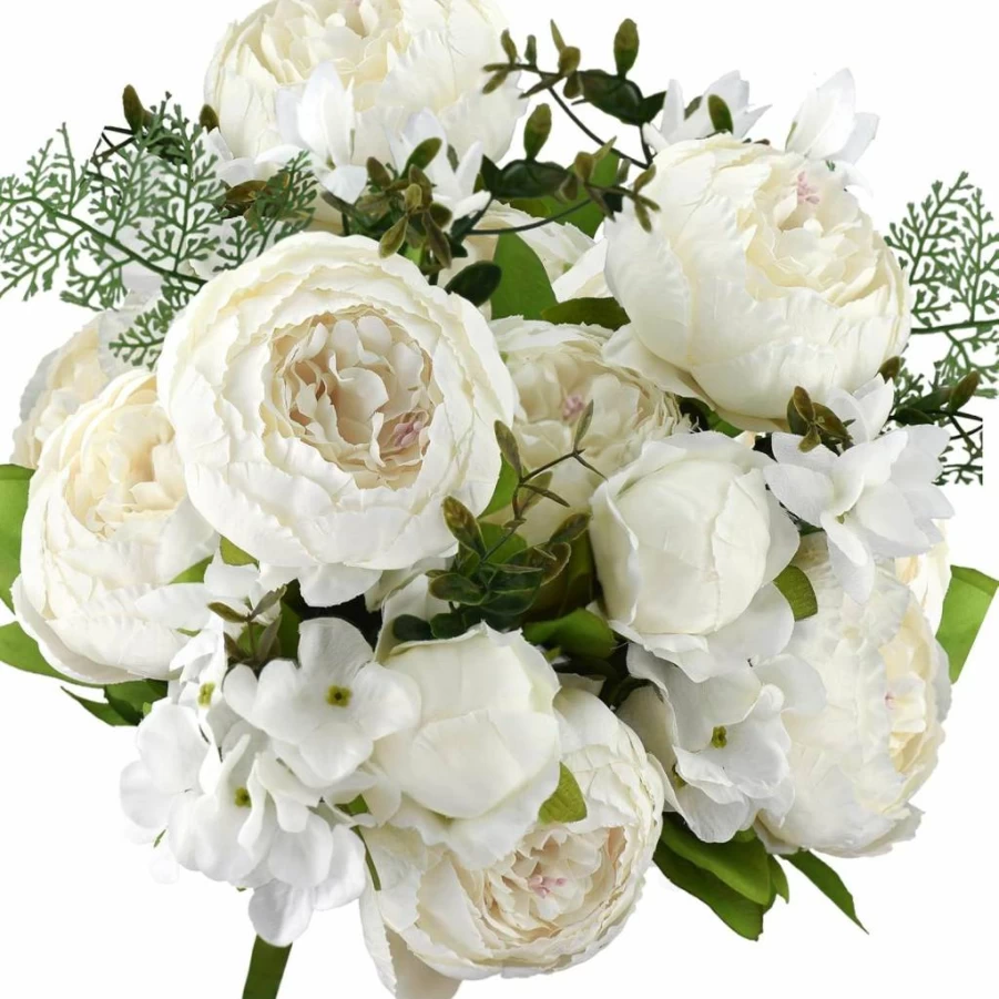 FiveSeasonStuff Vintage Silk Peony Bouquets - Set of 2 Artificial Cream Beige & Moss Green Floral Arrangements for Home Decor