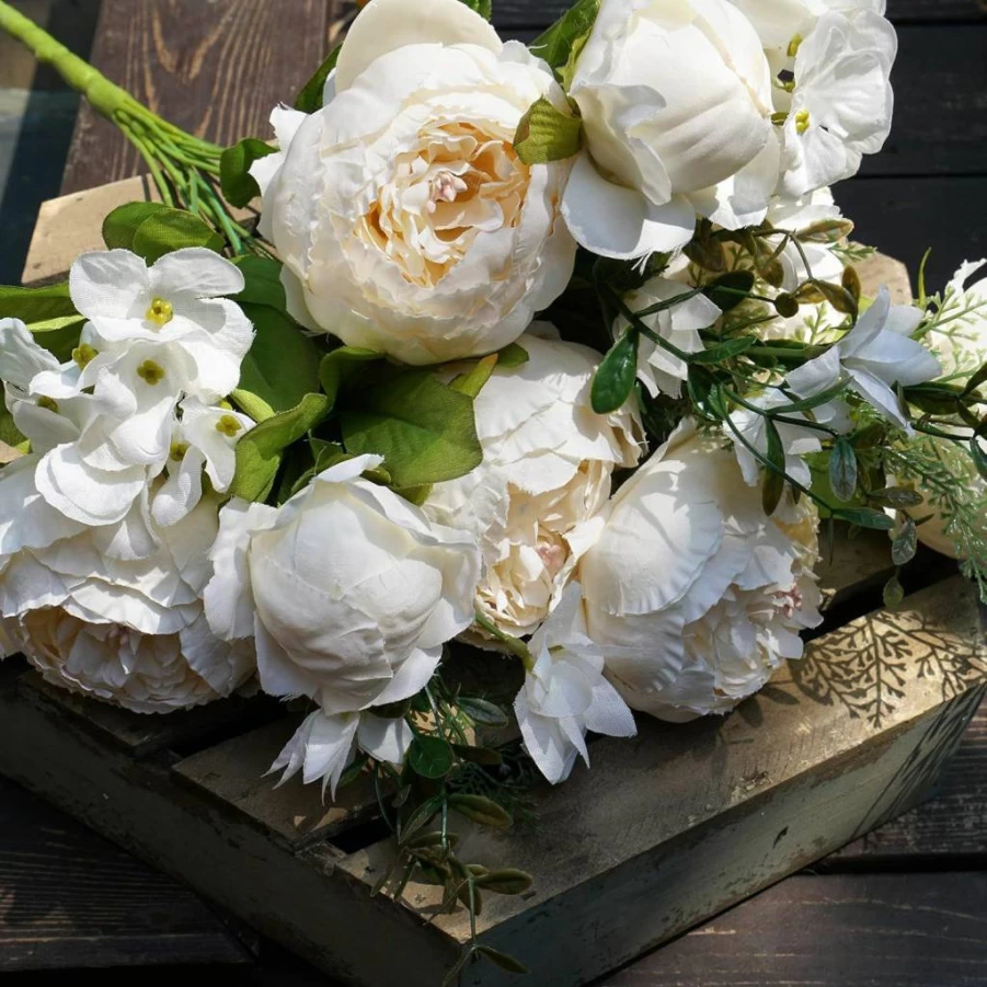 FiveSeasonStuff Vintage Silk Peony Bouquets - Set of 2 Artificial Cream Beige & Moss Green Floral Arrangements for Home Decor